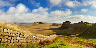 View along Hadrian's Wall towards Sewingshield Crags and Housesteads Roman Fort