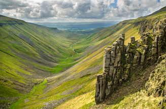 View along the glacial valley of High Cup Nick, with Falcon Clints in the foreground