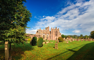 View of Melrose Abbey and the graveyard